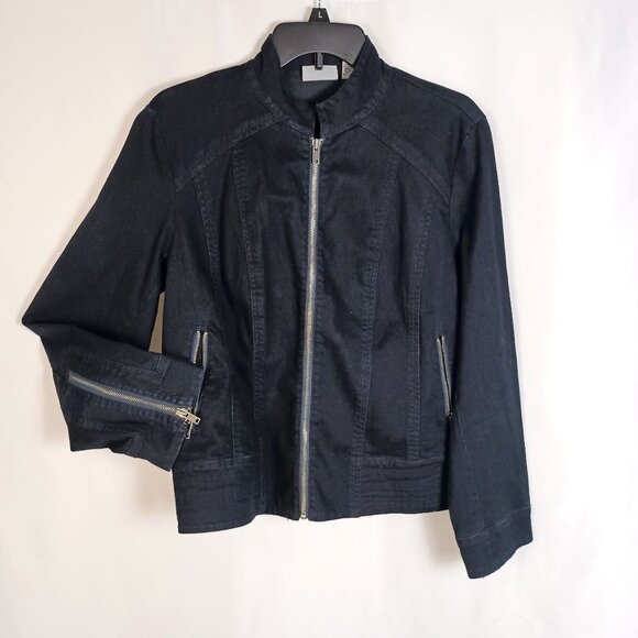 Chico’s Platinum Black Stretch Denim Moto Jacket Size 1 Full Zip Excellent - Picture 1 of 6